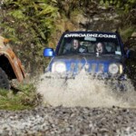 Off Road Suzuki Jimny driving through a muddy puddle